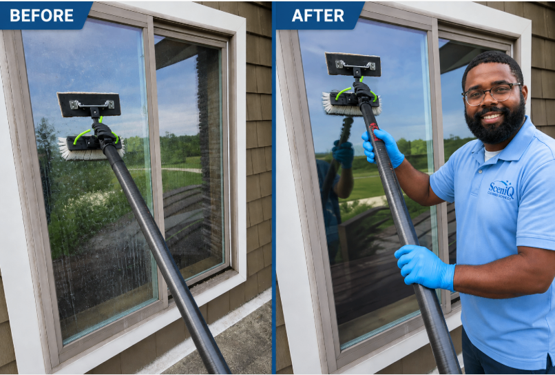 Before and after transformation of a window cleaning service photo